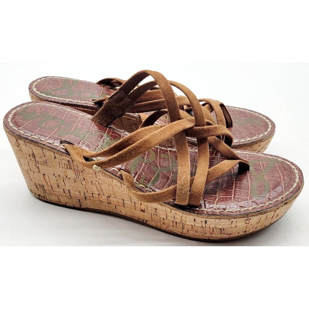 Sam Edelman Shoes Womens 7 Reana Brown Suede Strapped Thong Cork Wedge Sandal